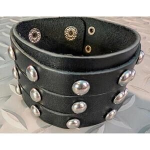 Black Leather Studded Wide Wristband Bracelet NEW